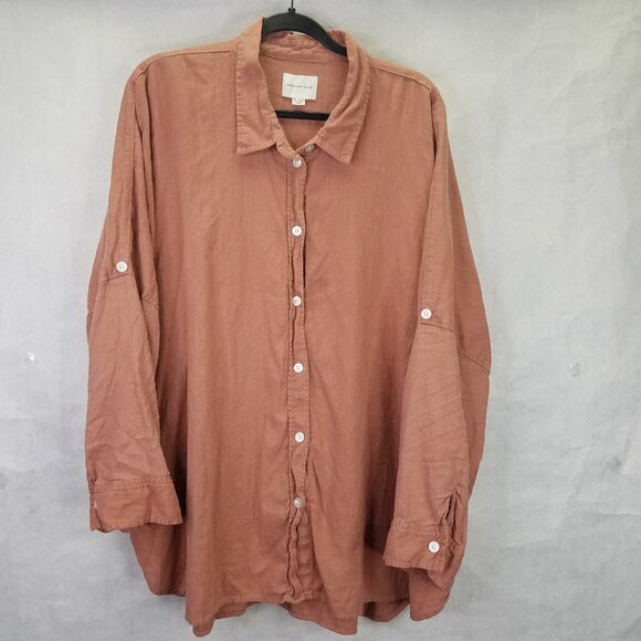 American Eagle Oversize Camp Shirt Women XXL Button Up Linen Cappuccino Roll-Tab - Picture 1 of 16